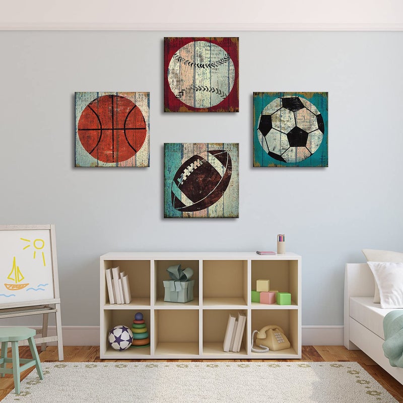 sunfrower Sports Wall Art Sports Decor for Boys Bedroom Toddler Decorations Rustic Soccer Baseball Basketball Football Pictures Kids Room Decor Vintage Ball Themed Paintings Posters Playroom Artwork 12x12" 4Pcs - Image 2